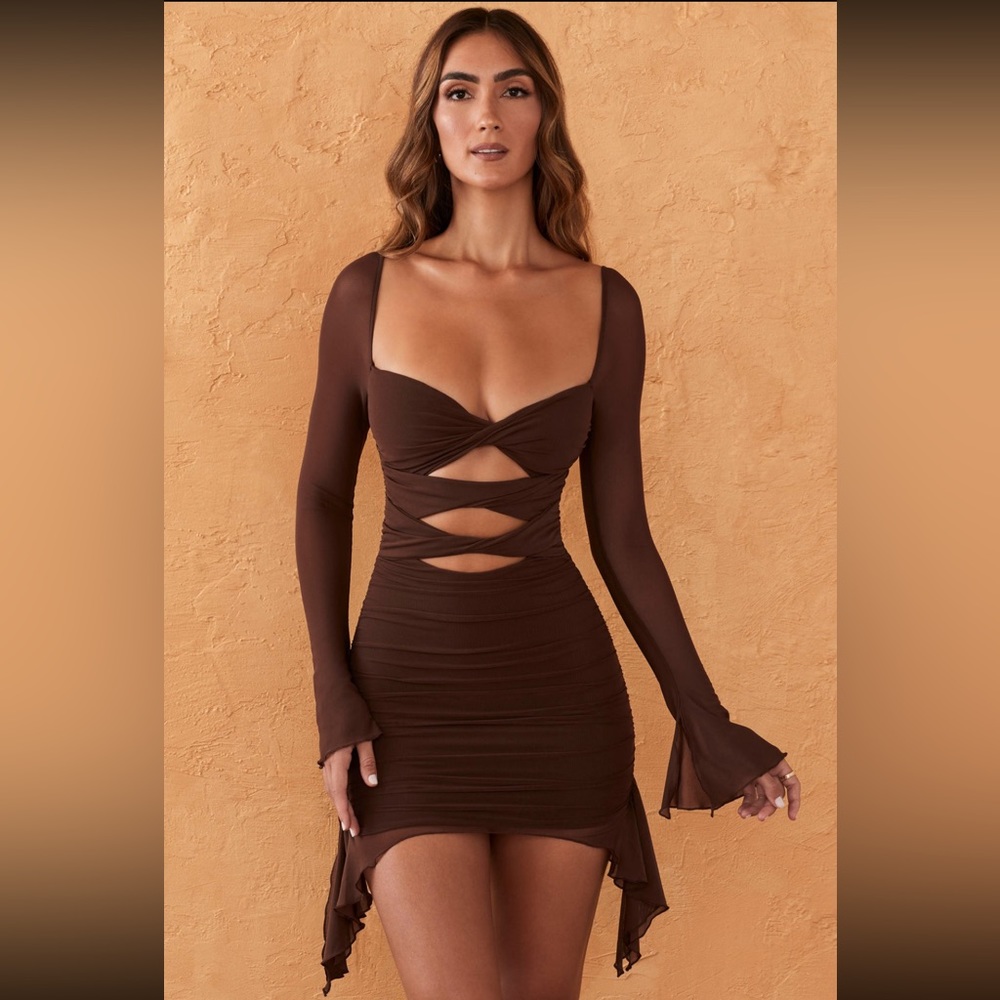 Oh Polly ZEHRA Twist Cut Out Long Sleeve Mini Dress in beige
